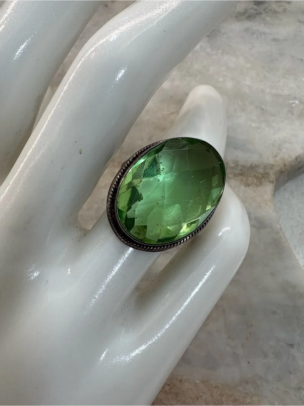 Vintage Sterling Silver Ring with Large Green Oval Stone - Size 7